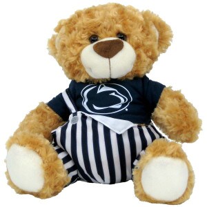 plush stuffed Fred Bear with gameday striped bibs and Penn State Athletic Logo t-shirt